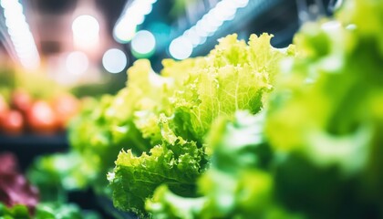 Fresh Green Lettuce Leaf Arrangement in Grocery Store Aisle Display