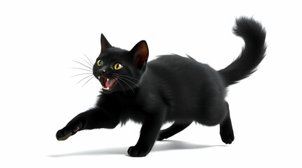 A cute black cat fighting, isolated on a white background