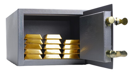 open safe box filled stack of gold bars isolated on white background
