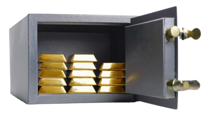 open safe box filled stack of gold bars isolated on white background