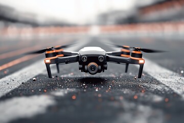 A compact drone rests on the asphalt of a racetrack with its camera facing forward. The setting features bright lighting and a sense of anticipation for racing action to begin