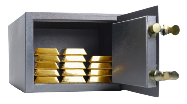 open safe box filled stack of gold bars isolated on white background