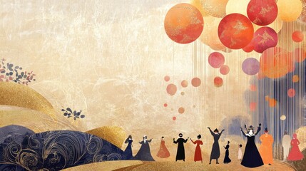 Erev Purim Vibrant celebration with people and floating lanterns in abstract art scene