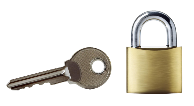 key and padlock isolated on white background