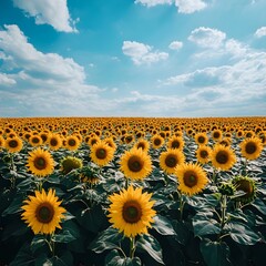 Obraz premium A photo of a sunflower field stretching endlessly under a bright summer sky.