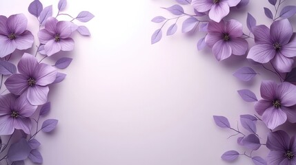 Fototapeta premium Lavender paper flowers and leaves border on light purple background.