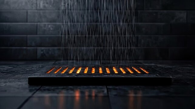 Fire abstract background idea. Elegant shower design with a modern drain, featuring flowing water and dark tiles.