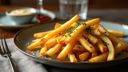 Crispy fries with herbs and salt on a plate.