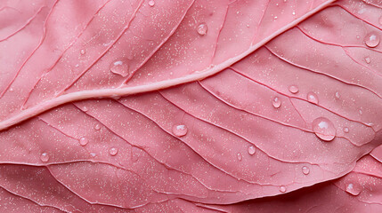 Fototapeta premium close up of pink leaf with water droplets on its surface, showcasing intricate textures and details
