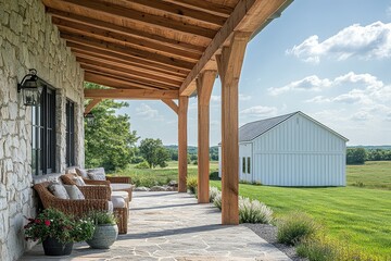 Covered porch with stone walls and wood beams, adjacent white barn-style building under blue sky. Architectural detail on sunny day.