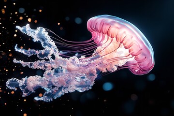 A vibrant jellyfish glides through the dark waters of the ocean, its tentacles flowing delicately as it illuminates the surroundings with a soft glow, creating a mesmerizing effect