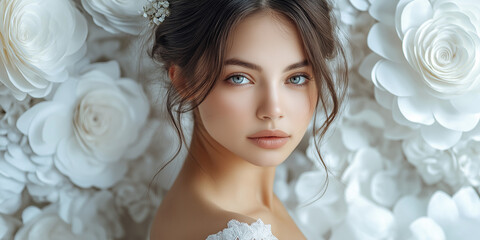 Naklejka premium Captivating portrait of a young bride surrounded by elegant floral decorations in a charming venue natural lighting romantic concept