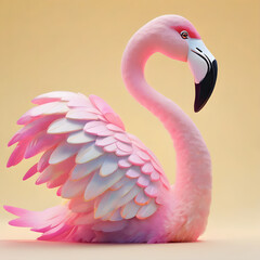 Fototapeta premium 3D flamingos with glowing, gradient pink feathers standing on a plain pastel yellow background, highly detailed.