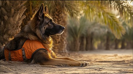A German shepherd in a training vest rests calmly among palm trees, exuding focus and readiness in warm, golden light.