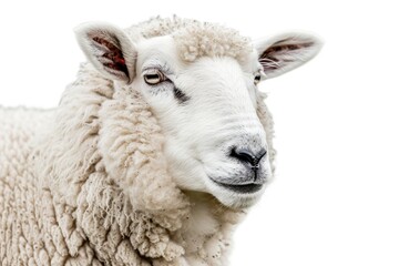 White Fluffy Sheep Farm Portrait Looking at Camera Isolated on Clear Png Background,