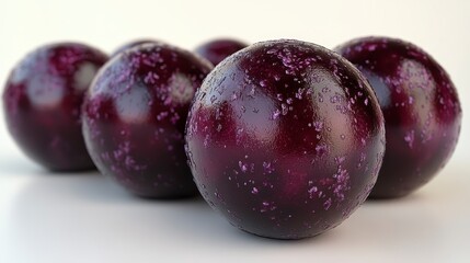 Obraz premium Five glossy dark-purple spheres with tiny purple specks, arranged closely together on a white background.