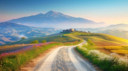 Charming countryside path adorned with vibrant spring blossoms in a scenic landscape