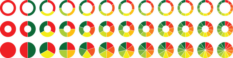 Circle pie chart diagram. 2,3,4,5,6,7,8,9,10,11,12 sections or steps. Colorful Pie chart set. Pie chart circle. Flat process cycle. Progress sectors. © BRUSH STUDIO 🌍