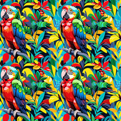 Vibrant seamless pattern with colorful parrots and tropical foliage 