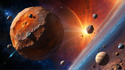 Asteroids soaring through the vastness of outer space, whirling past vibrant planets adorned with intricate textures and colors
