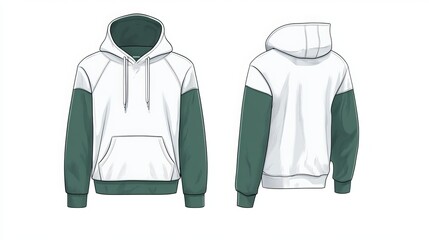 This technical illustration of a hoodie and sweatshirt provides flat technical drawings for both men and women. The white and green hoodie and sweatshirt feature front and back views