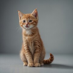 A ginger kitten sitting on its hind legs with paws raised, on a clean surface.