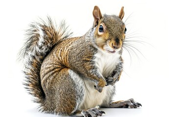 Fototapeta premium Eastern Gray Squirrel Sitting in Natural Pose Isolated on White Background, Photo Realistic