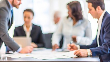 A group of business professionals involved in a strategy session, with a softly blurred background.
