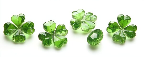 Four green clover gemstones and one oval-shaped gemstone on white background.