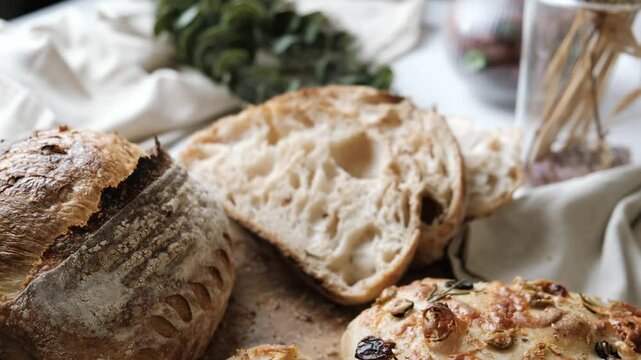 Artisan Batard Sourdough healthy Bread with leaf scoring. Open crumb high hydration Sourdough bread set on white table.