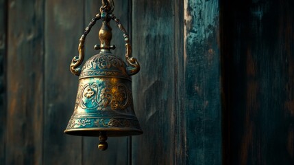 Fototapeta premium Ornate Brass Bell Hanging Against Dark Wooden Background