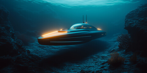 Fototapeta premium Futuristic Submarine Exploring the Deep Ocean