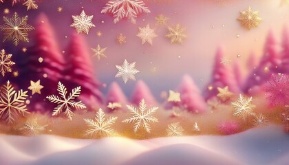 冬の真っ白な雪が積るピンク色と金色の雪の結晶の背景イラスト。aiで生成
