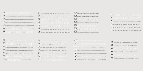 Obraz premium Collection of vector isolated outline hand drawn check to do list, bullet, check mark and check box in a doodle sketch cartoon style. Set of paper note with task plan.