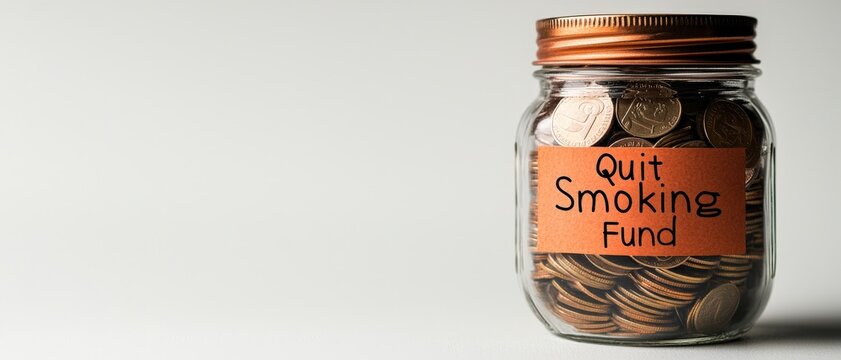 A glass jar filled with coins, labeled "Quit Smoking Fund," symbolizing a savings plan to support quitting smoking.