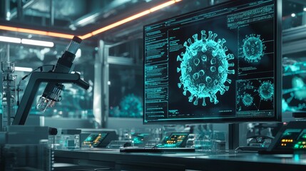 A detailed scene of a virus undergoing laboratory analysis, with advanced equipment and glowing screens tracking the findings