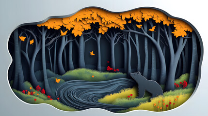 paper art style of landscape with animals in a forest beautiful trees and leaves. in natural forest layered shape in natural forest layered shape