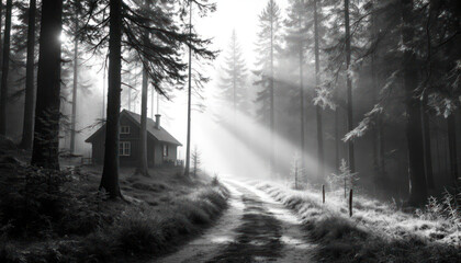 Fototapeta premium Enigmatic Cabin in a Misty Forest: A Black and White Landscape Photography