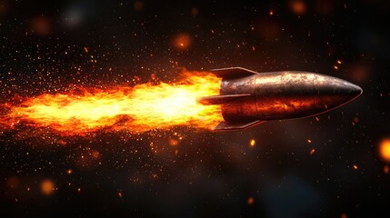 Obraz premium Fiery Rocket Launch: A Dynamic Flight Through Space. Witness the intense power and speed of a rocket soaring through the dark expanse, leaving a fiery trail in its wake.