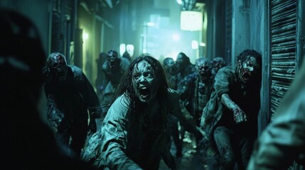 A dramatic scene from a zombie movie, with survivors battling against a horde of zombies in a dark alley