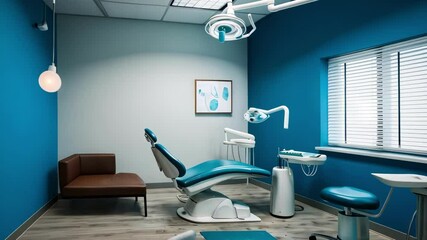 Bright dental clinic with blue walls, modern equipment, and comfortable seating, suggesting a professional and welcoming atmosphere