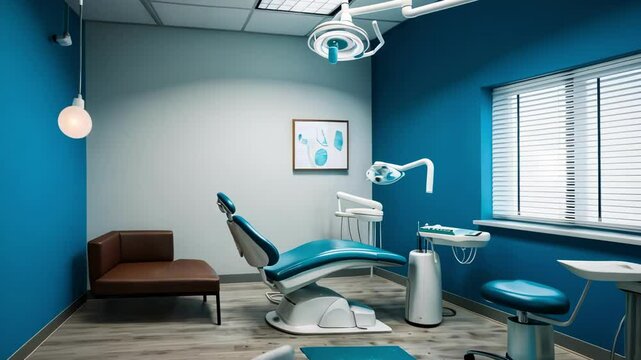 Bright dental clinic with blue walls, modern equipment, and comfortable seating, suggesting a professional and welcoming atmosphere