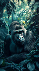 Obraz premium Powerful gorilla in serene forest, surrounded by lush greenery and foliage