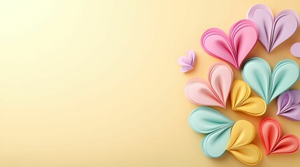 Obraz premium Colorful paper hearts arranged beautifully on a soft yellow background, conveying a sense of love and creativity.