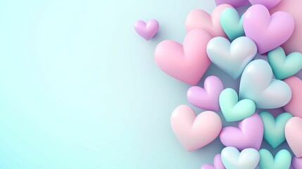 A colorful arrangement of pastel hearts in shades of pink and mint green against a soft blue background, evoking feelings of love and warmth.