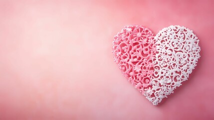 Fototapeta premium A beautifully crafted heart made of lace, featuring pink and white colors against a soft pink background, symbolizing love and affection.