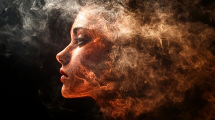 Woman's face obscured by swirling smoke.
