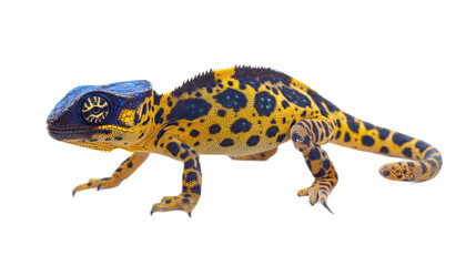 Obraz premium Vibrant Yellow and Blue Spotted Lizard Crawling on White Background Perfect for Nature Photography and Animal Education Resources