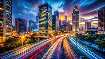 Obraz premium Night City Lights Long Exposure Photography, Urban Skyline, Glowing Streets, Blurred Traffic, Cityscape, Dark Night, Light Trails, Abstract City, Modern Metropolis, Illuminated Buildings