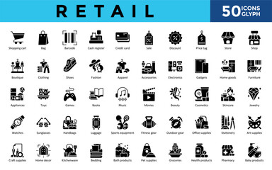 Retail icons set with shopping cart, bag, barcode, cash register, credit card, sale, discount, price tag, store, shop icon. Simple glyph vector 
